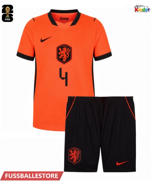 Günstige Niederlande Virgil van Dijk #4 Heimtrikotsatz Kinder WM 2026 Kurzarm (+ Kurze Hosen)